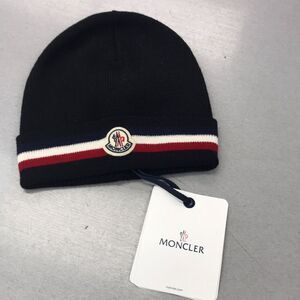 Moncler Black Beanie with Red and White Stripe